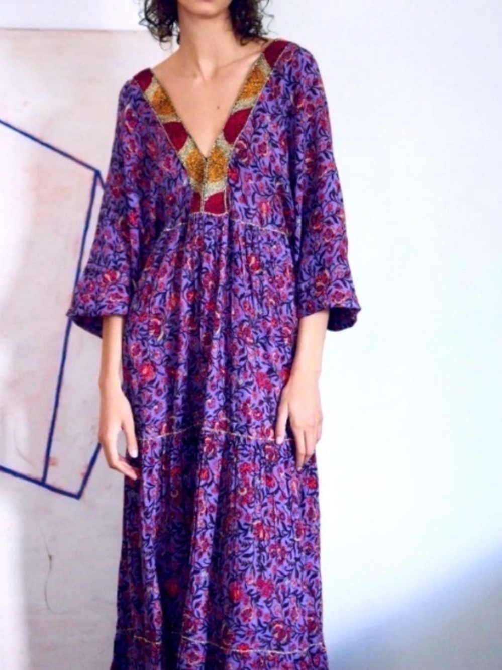 Zara Floral Deep V Tiered Maxi Dress Size Medium